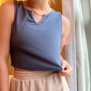 blue ribbed tank with v cut out neckline